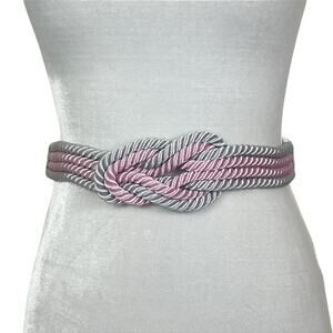 Vintage 80s 90s Knotted Rope Belt With Ribbon Tie Back Pink Gray